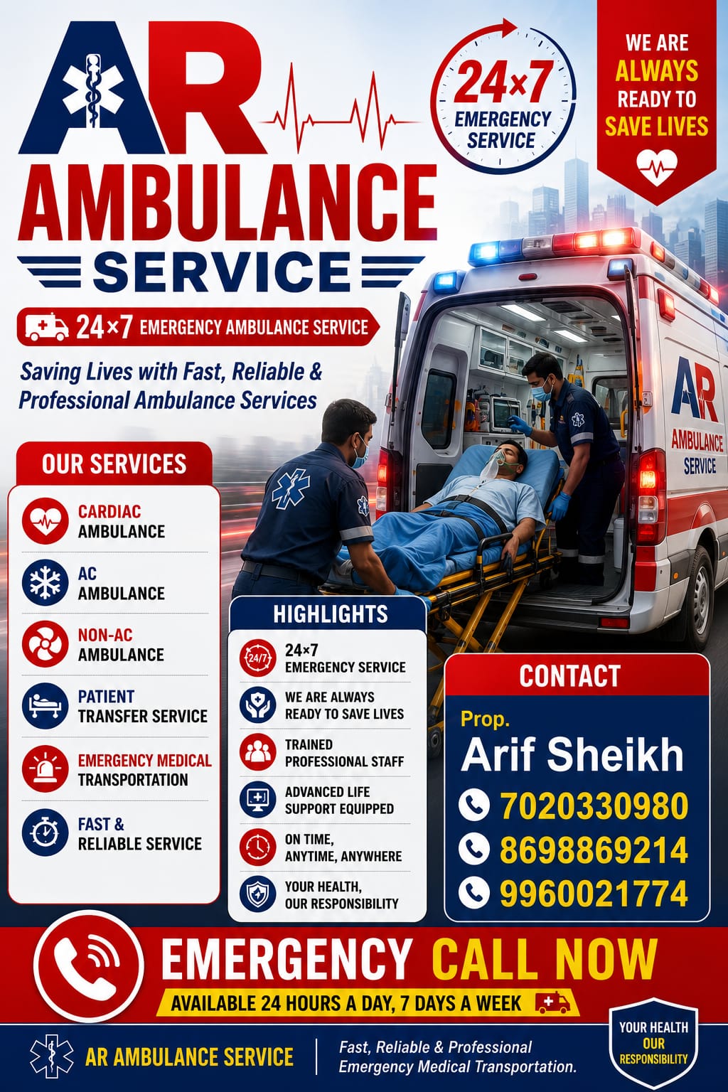 AR Ambulance Service fleet — Cardiac, AC and Non-AC ambulances in Chandrapur